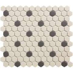 The Mosaic Factory London Mozaiek Tegel Hexagon - Wit/Zwart Porselein Ongeglazuurd, 18 black dots 260x300 mm