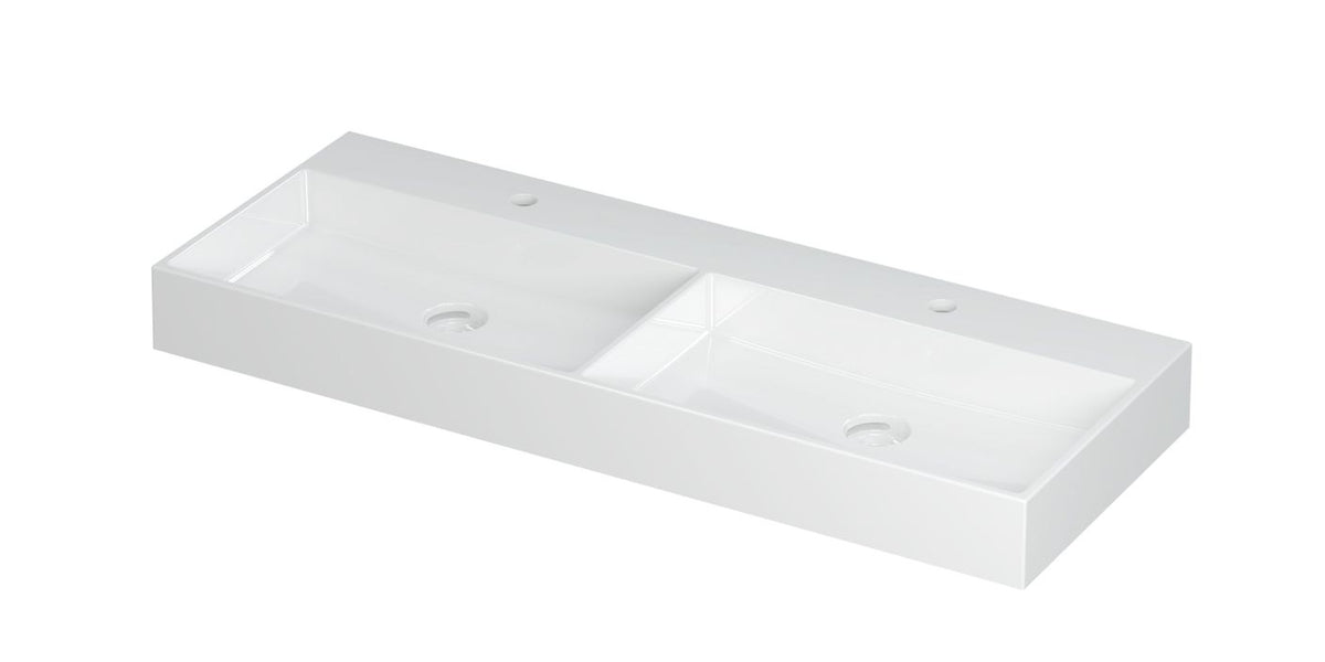 Ink United wastafel - porselein dubbel met 2 kraangaten incl. porseleinen click plug en verborgen overloop systeem - Mat Wit - 120x45 cm - 0206131