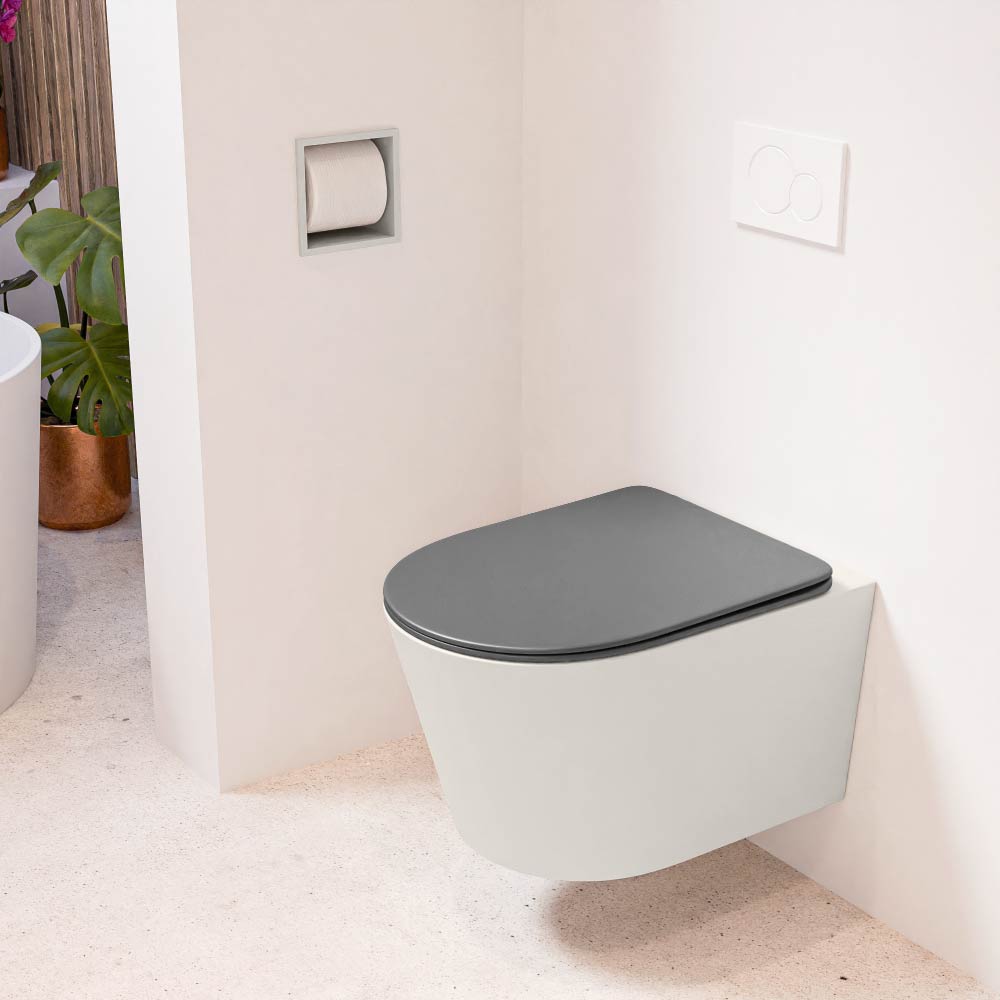 MONDIAZ LAVIE hangend toilet single fire rimless diepspoel Linen. Toiletzitting met quick-release & softclose Dark Grey.